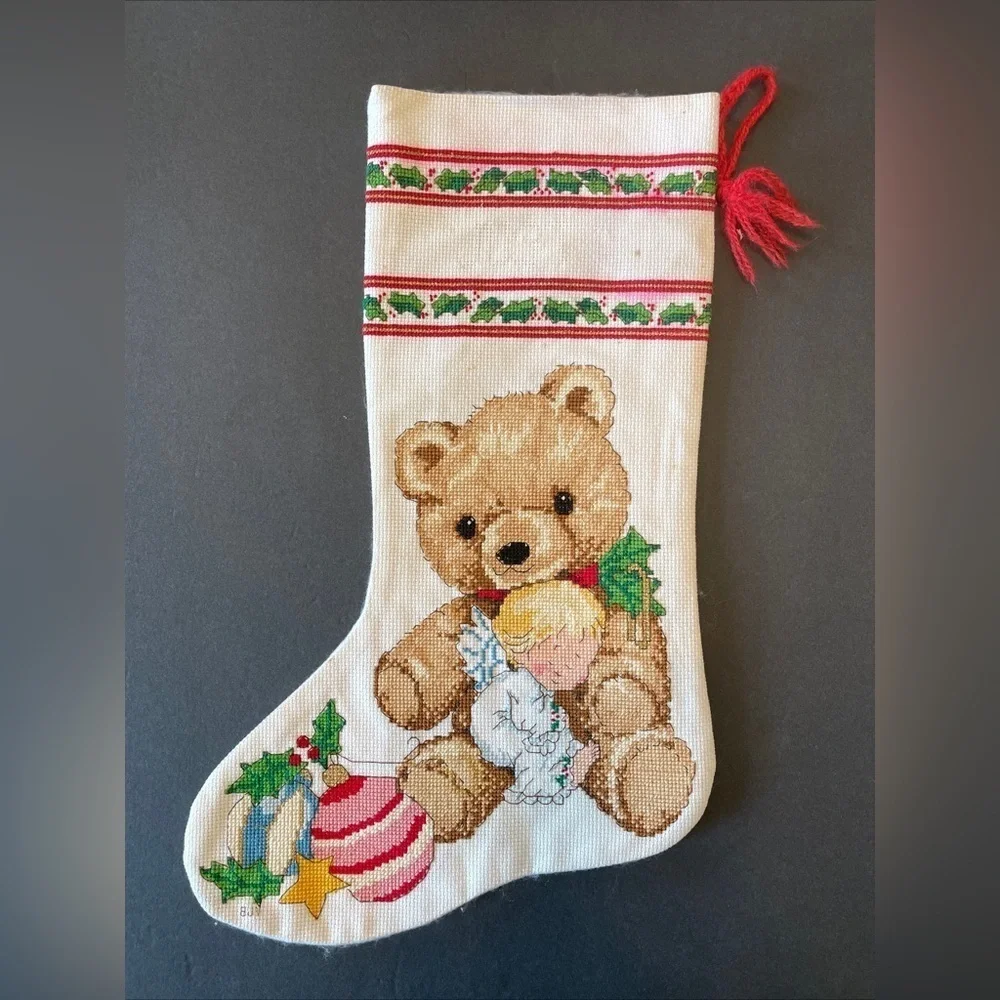 Cross Stitch Hand Made Teddy Bear Angel Christmas Stocking